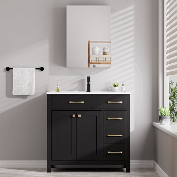 Eclife 36" Bathroom Vanity with Sink, Resin Integrated Sink Top, 20" Wall Mounted Medicine Cabinet Mirror, Freestanding Vanity Set with Faucet and Pop-Up Drain