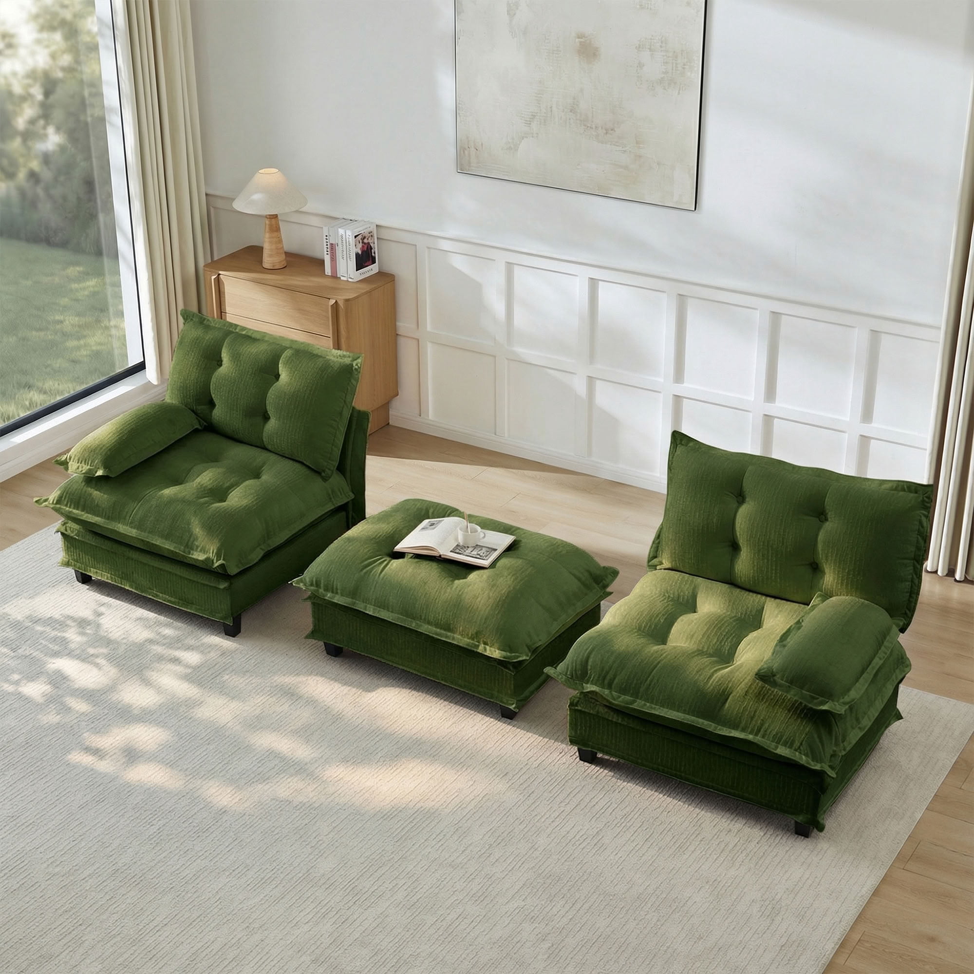 MAYEERTY 77 Inch L-Shaped Sectional Sofa with Ottoman, Chenille 2-Seat Modular Couch, Solid Wood & Metal Frame for Living Room Bedroom Apartment