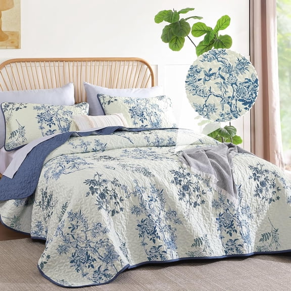Blue Floral Quilt Set King,Botanical Leaf & Butterfly Pattern Bedspread Coverlet Set,Soft Beautiful Farmhouse Plants Quilts Bedding Set for All Seasons(104"×90")
