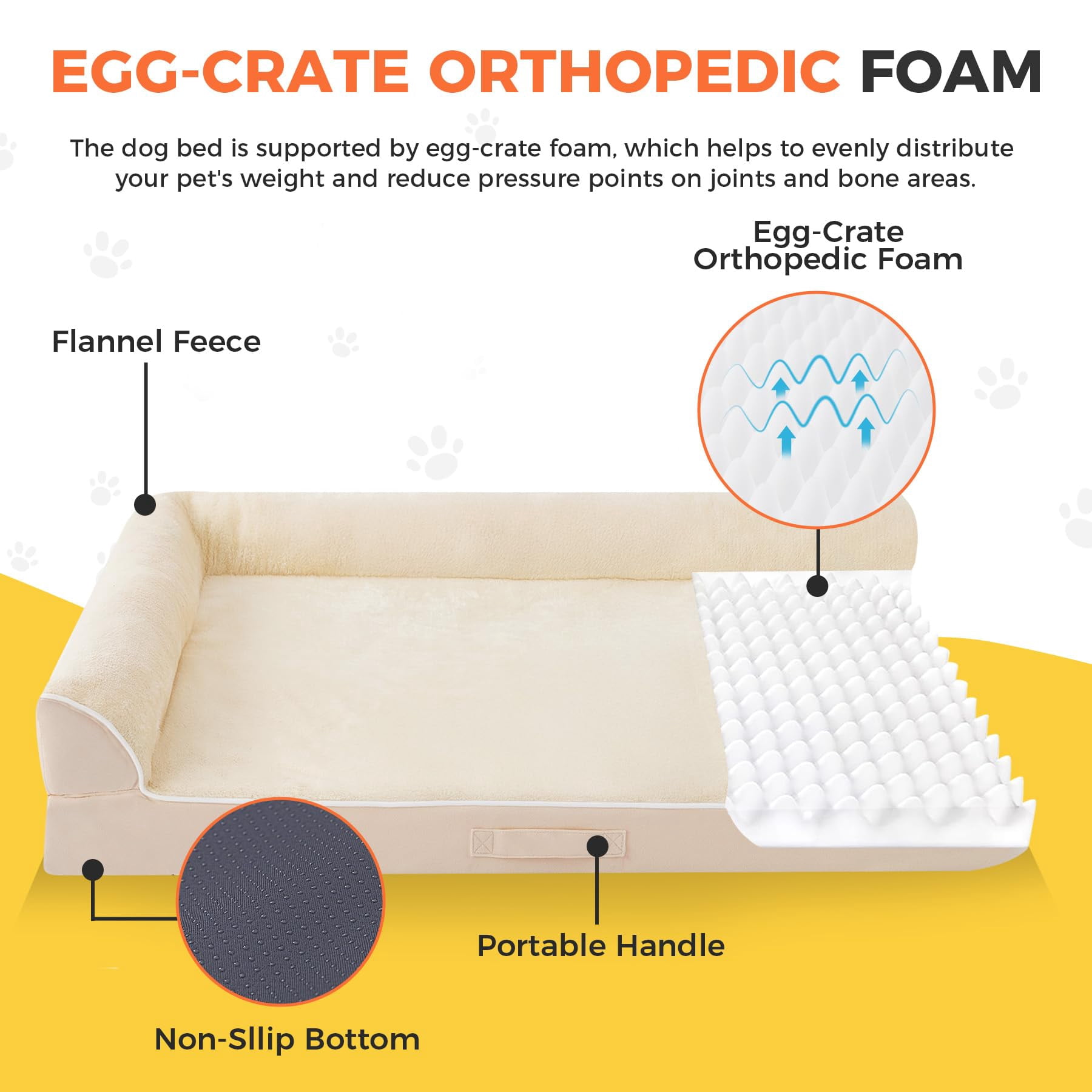 Dog Bed Large Sized Dogs  For Waterproof Pet With Washable Removable Cover L-shaped Couch Portable Handle 36"x27"x6.5" Beige
