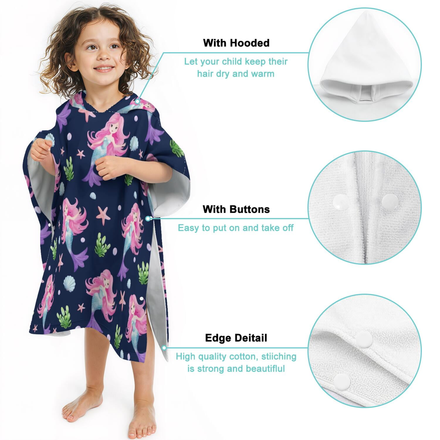 Hooded Kids Beach Towels - Toddler Bath Towel Girls Boys Swimming Cover-ups for Ages 2 to 6 Kids Pool Towels Quick Dry Lightweight Soft Microfiber Poncho Towel 28x28 (Mermaid Seashell)