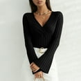 thumbnail image 2 of zaveiop Women's Long Sleeve Bodysuit Tops Wrap V Neck Ribbed Knit Jumpsuit (Black, M), 2 of 9