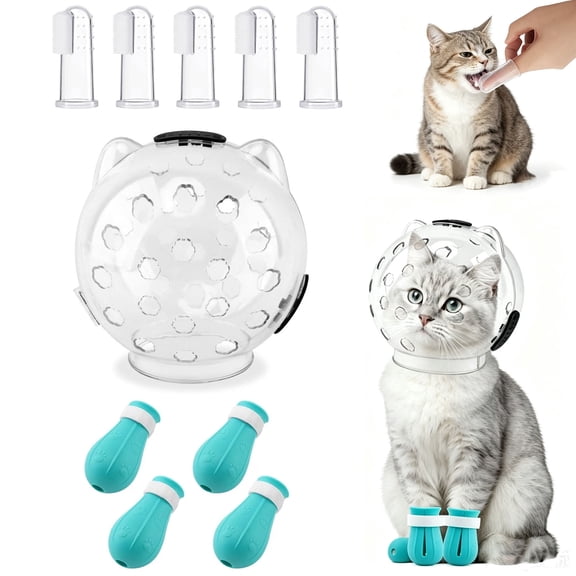 Cat Muzzle and Boots Set with 5 Finger Toothbrush, Cat Grooming Anti-Bite Helmet Transparent Cat Hood with Silicone Paw Covers, Cat Head Cover for Bathing Shaving Nail Trimming
