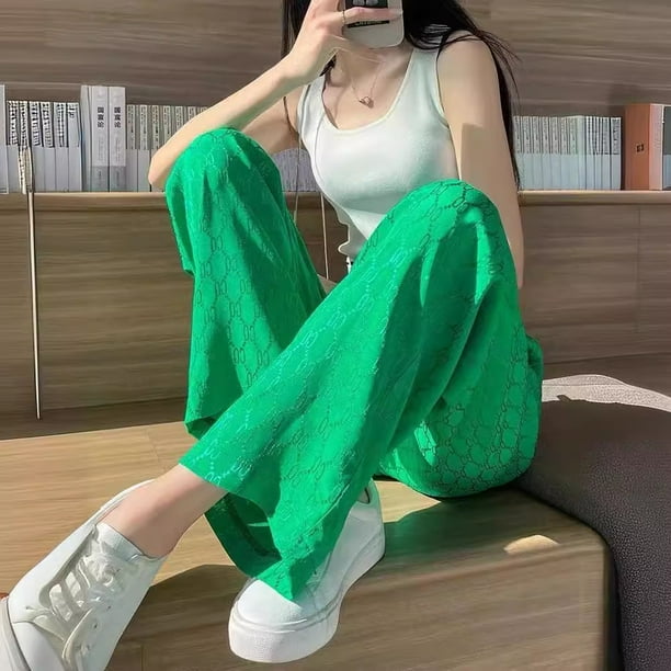 Pantalones anchos informales de seda de hielo con relieve de moda para  mujer, pantalones de verano finos de cintura alta, drapeados, rectos y  sueltos,