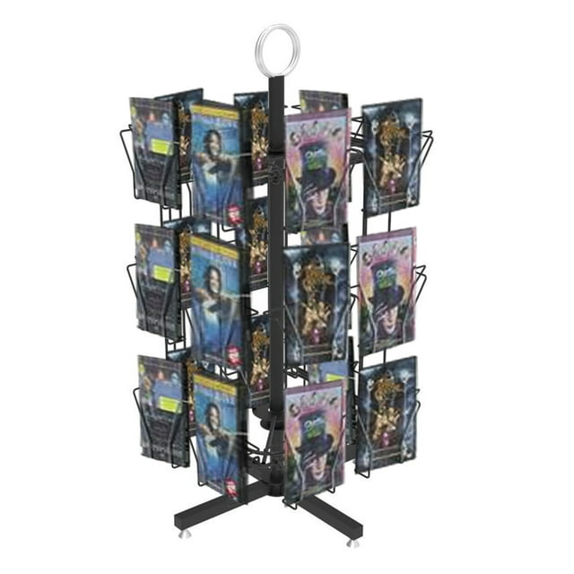 FixtureDisplays® 24 Pocket 5X7 Greeting Card Rack with a black metal wire design, featuring 24 pockets measuring 5.75 inches wide and 1.24 inches deep, ideal for organizing 5x7 cards, DVDs, CDs, or books. The countertop spinner rack includes a sign clip at the top for custom messages, making it suitable for desk organization, office supplies, retail stores, or tradeshows.