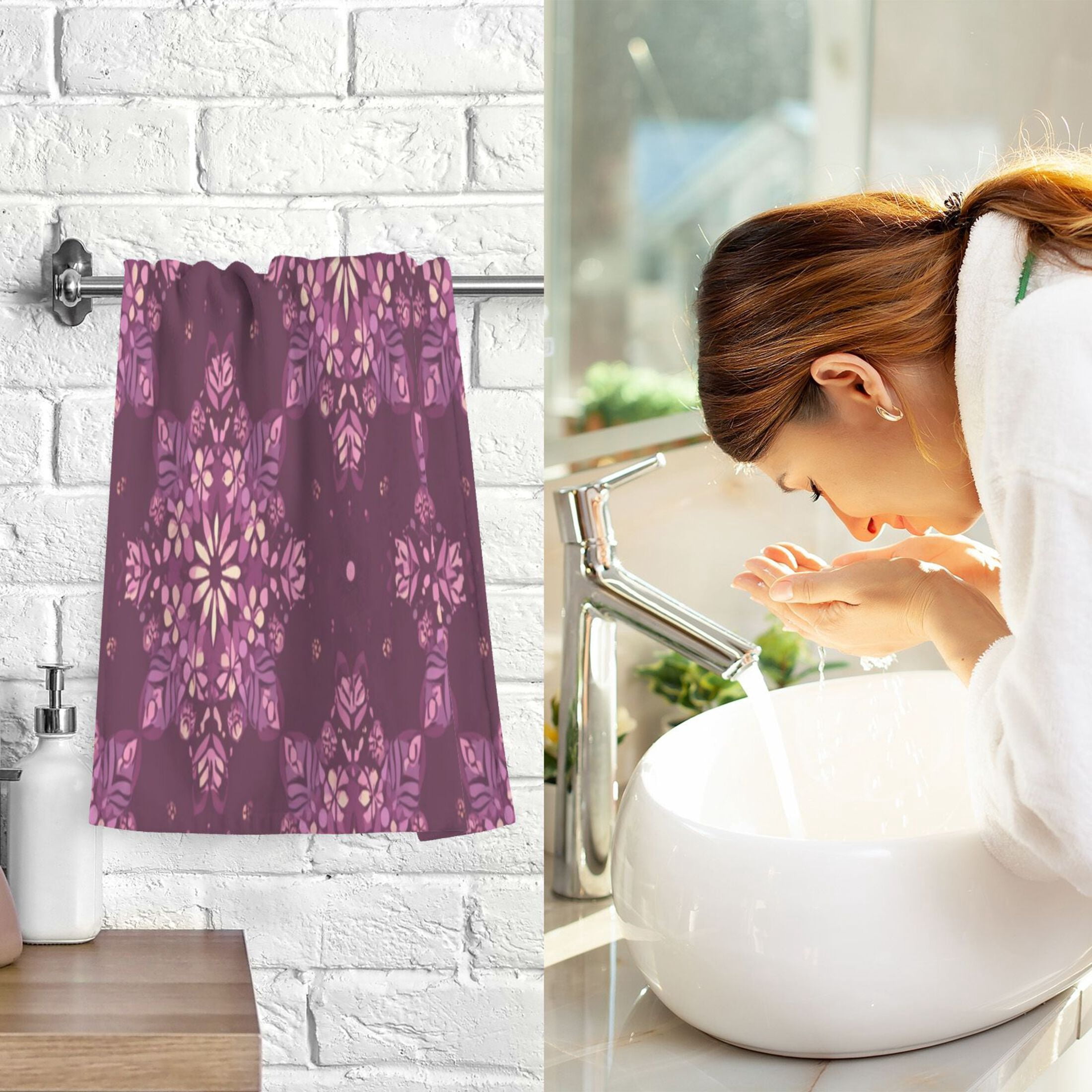 2 Pieces of Cotton Towel Face Towel Set Hand Towel Bath Towel Cotton Bath Towel Sets Plum Purple Geometric Blooms