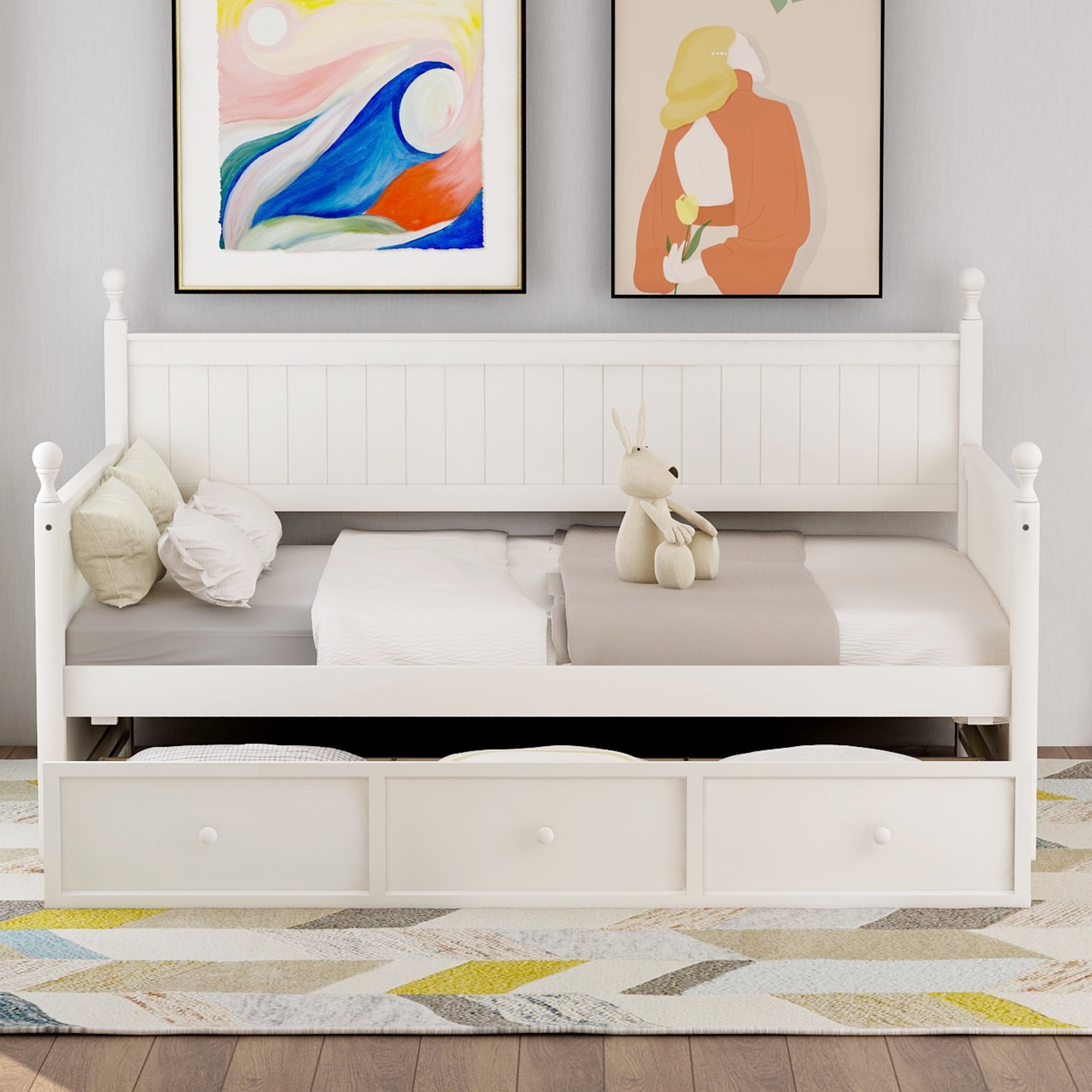 Gewnee Solid Wood Twin Size Daybed with Three Drawers,Storage Daybed for Kids,White