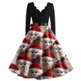 thumbnail image 3 of Women's Casual Fashion Christmas Holiday Print V-neck Vintage Dress for Retro Style and Party Occasions, Comfortable Women's Long Sleeve Holiday Dress,Vermilion,M, 3 of 3
