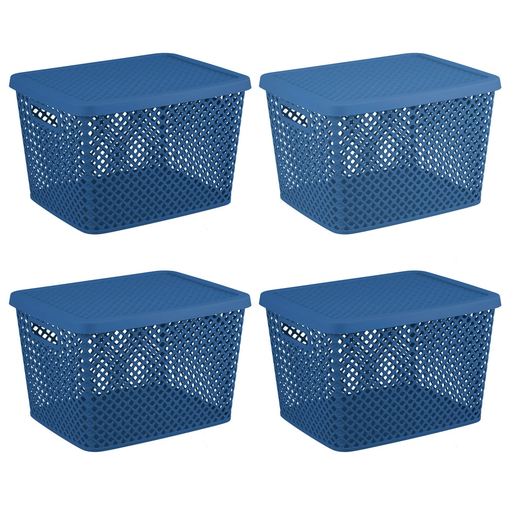 Extra Large Decorative Basket With Lid 4PK, Blue