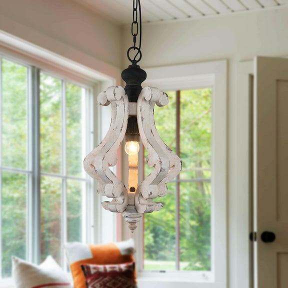 Cusp Barn Wood Chandelier French Country 1 Candle Light Off-White Finish Adjustable Chain Ceiling Light for Kitchen and Dining Room