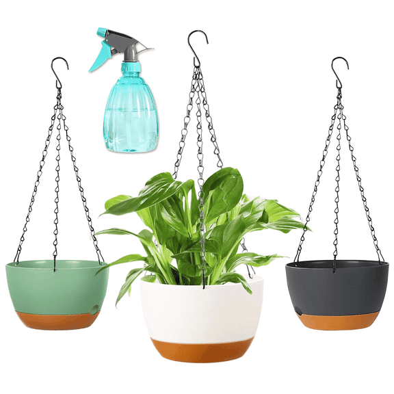 ArchiHome 3-Pack Self-Watering Hanging Planters with Drainage Hole, 8.3" Multi-Color Flower Pots with Chains & Hooks for Indoor Outdoor Balcony Garden Patio Décor