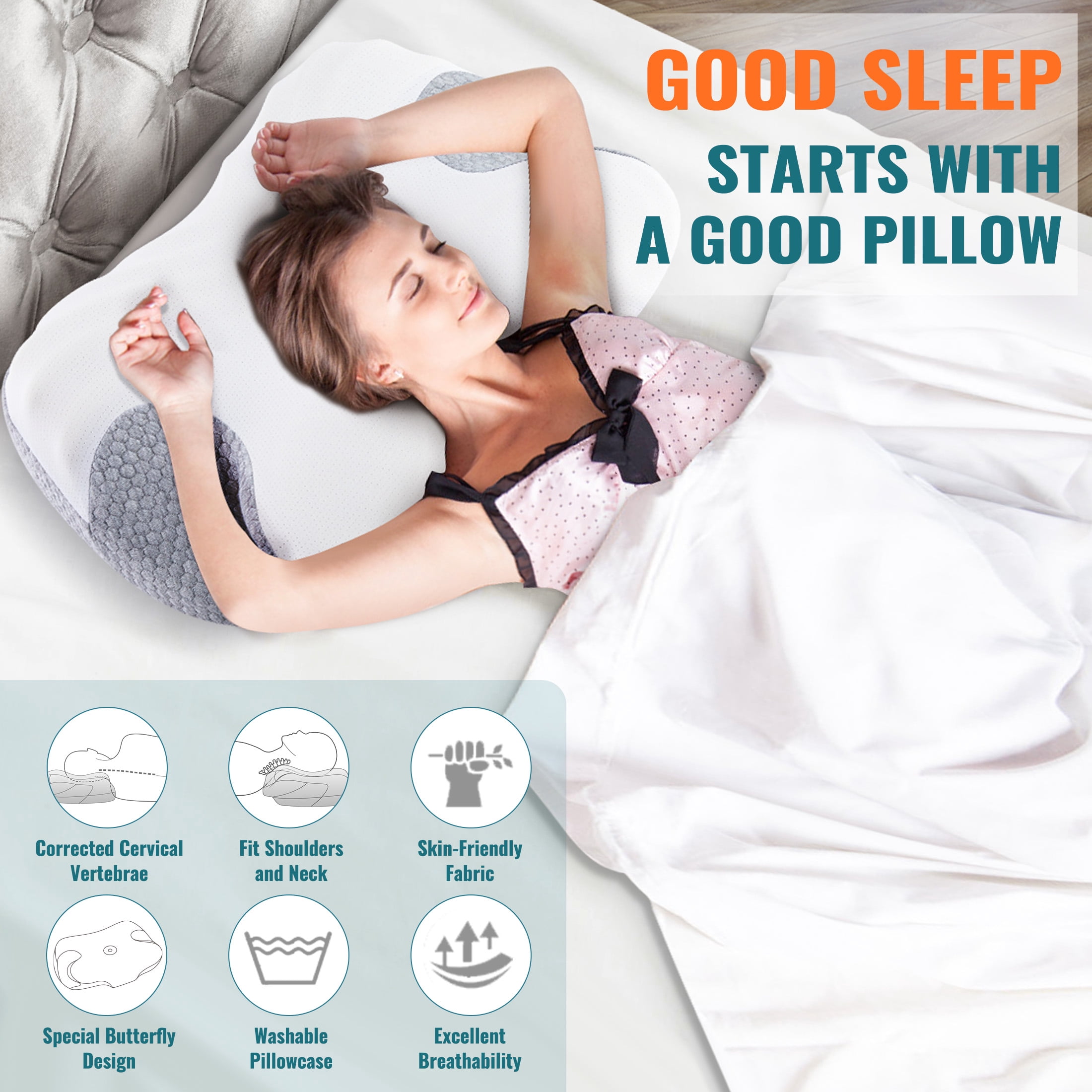 ENERFACE Ergonomic Memory Foam Neck Pillow for Pain Relief, Orthopedic Cervical Pillow for Side, Back & Stomach Sleepers with Breathable Washable Cover, Gray+White