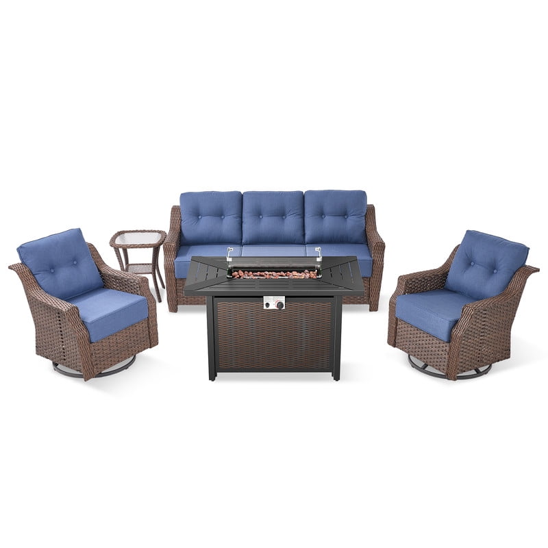 PARKWELL 5 Pieces Outdoor Patio Furniture Set with Fire Pit Table,Luxury 6" Thick Conversation Set with Swivel Glider Chairs,All-Weather Seating Furniture Set for Backyard Deck, Brown/Navy