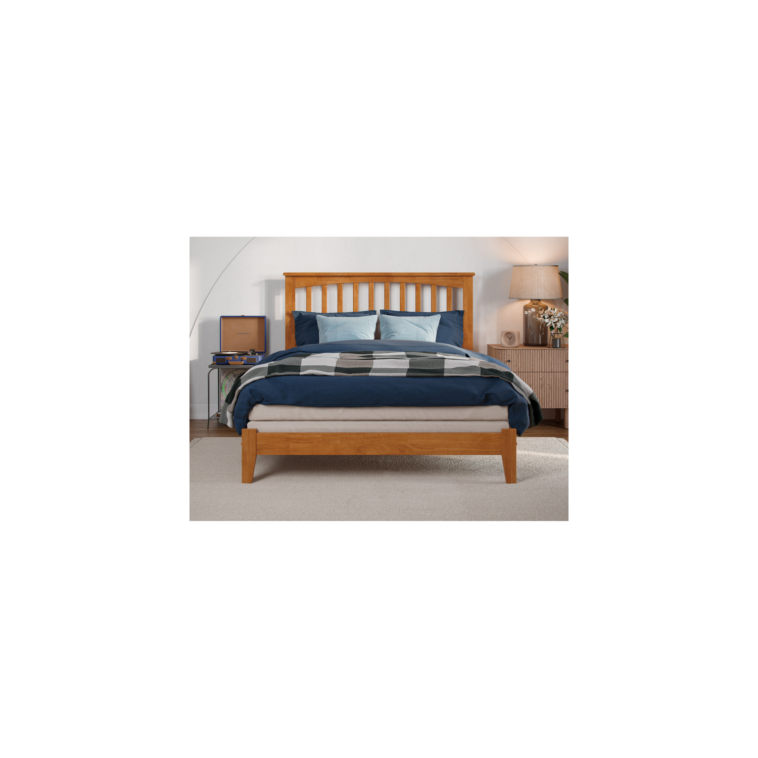 Maykoosh Southwestern Style Full Foundation Bed with Charging Station, Light Toffee, 77.24" x 56.93" x 44.29" - Solid Wood, Box Required