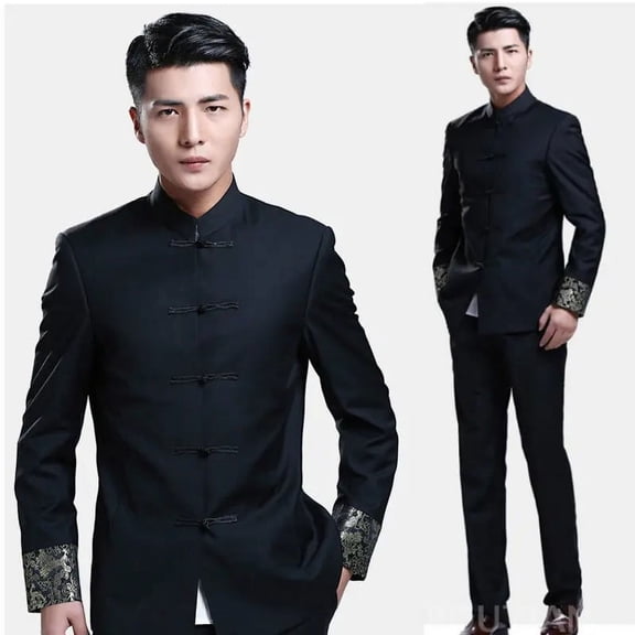 Chinese style wedding groom Tang suits male stand collar tunic Clothing slim spring autumn Chinese Traditional Zhong Shan Suit Coat Pants