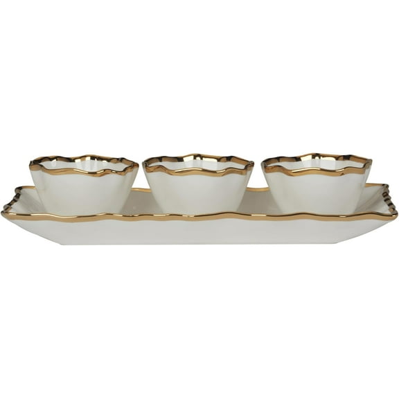 Regency Gold 4pc Porcelain Tray & Cond. Bowls Set, 14" Tray with 4.25" Bowls, Scalloped Edges & Metallic Gold Rim, Elegant Serveware for Dips, Sauces & Appetizers, Perfect for Entertaining & Holidays