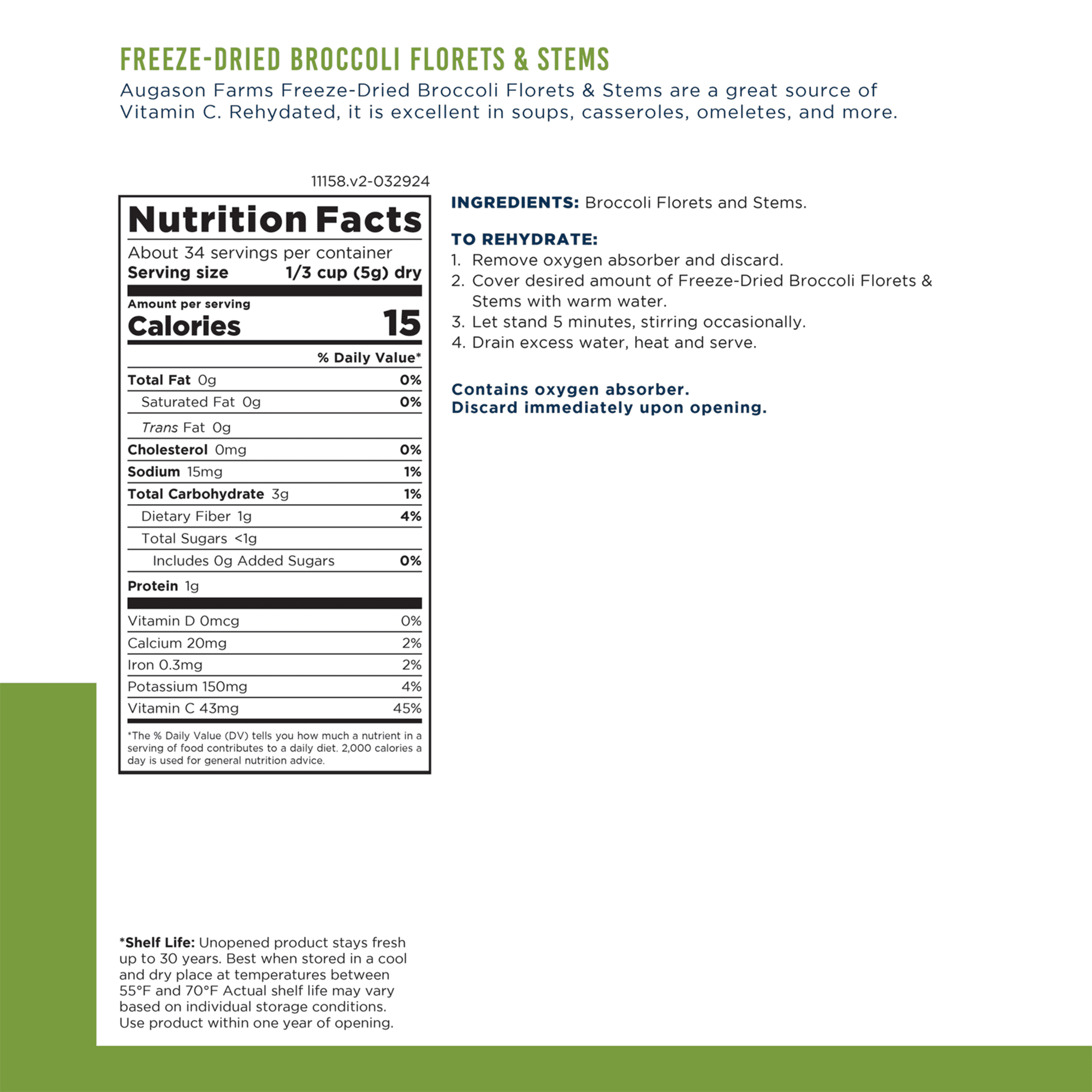Augason Farms Freeze Dried Broccoli Florets and Stems Can, Emergency Food Supply, Everyday Meals, 34 Servings
