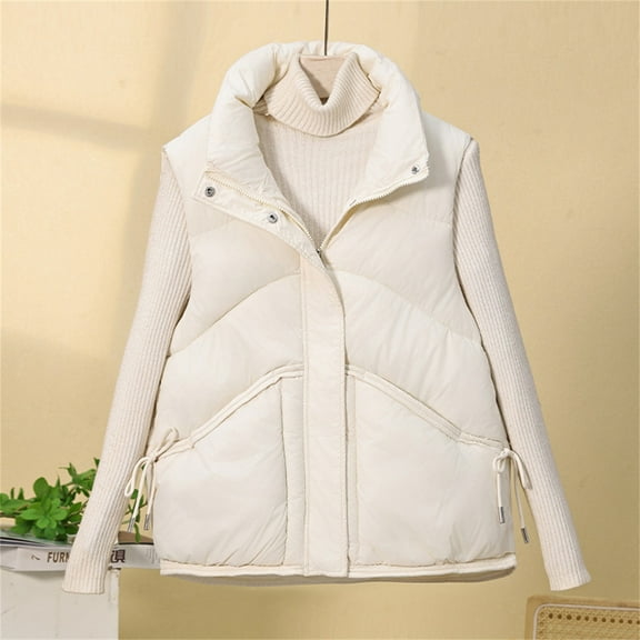 Qulqfy Puffy Quilted Jackets for Women Beige Plus Size Sleeveless Stand Collar Zip Up Puffer Vest Womens Winter Coats L