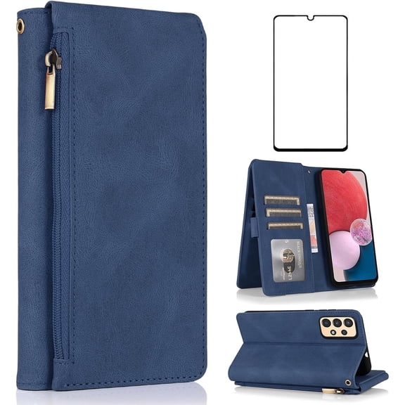 Asuwish Wallet Kickstand Hard Shell Cell Phone Case with Tempered Glass Screen Protector for Samsung Galaxy S21 Ultra 5G, Blue