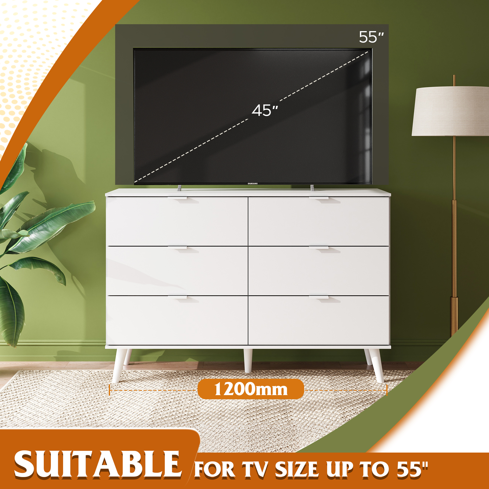 GALAXHERO 6 Drawer Wood Dresser, 47.2" Wide Chest of Drawer with Metal Handles, TV Stand for 55" TV, Double Dresser for Bedroom, Living Room, Hallway, Closet, White