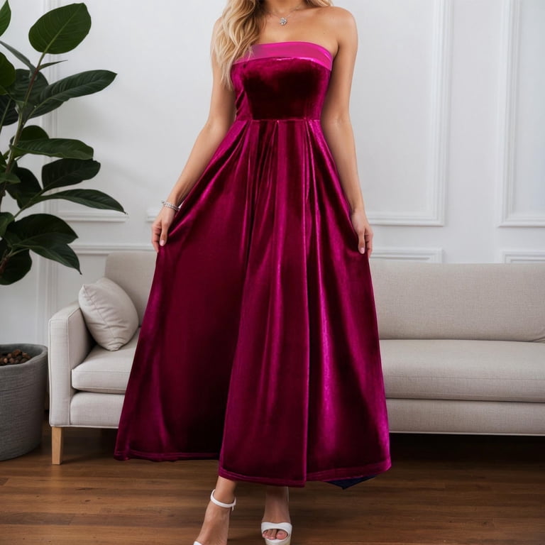 DHFJKG Dresses For Women Elegant Evening Gown Strapless Party Formal Dinner Guest Maxi Dress Velvet Cami Stylish Dresses