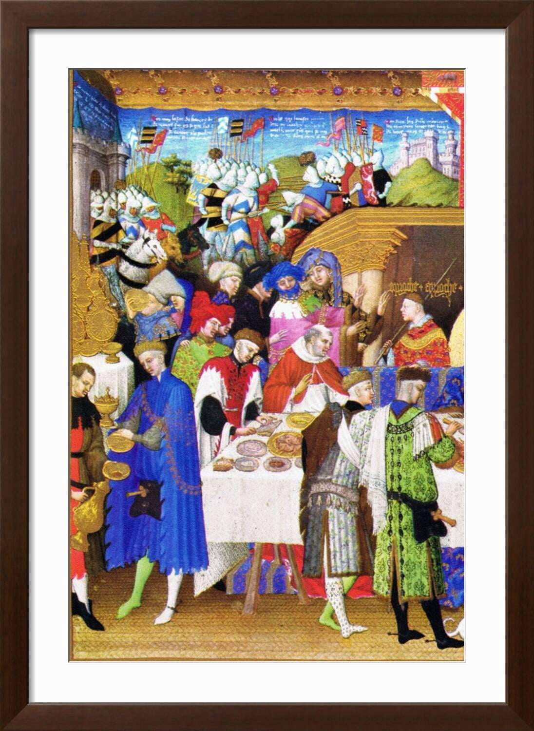 Art.com Le Tres Riches Heures Du Duc De Berry - January Art Print by Paul Herman & Jean Limbourg, Brown Frame Wall Art, 32" x 44"