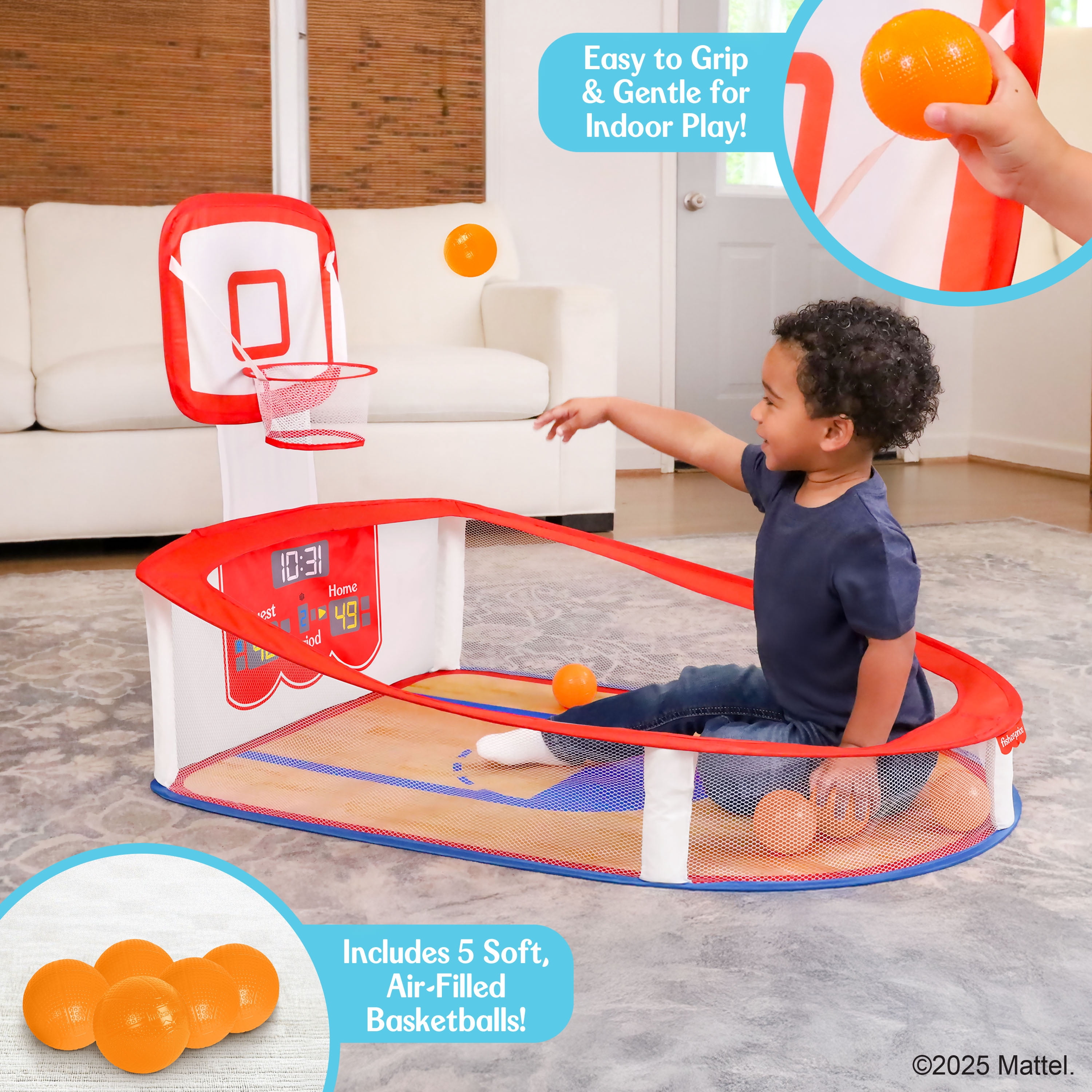 Fisher-Price Soft & Safe Basketball Set with Adjustable Backboard and 5 Air-Filled Balls for Indoor Play
