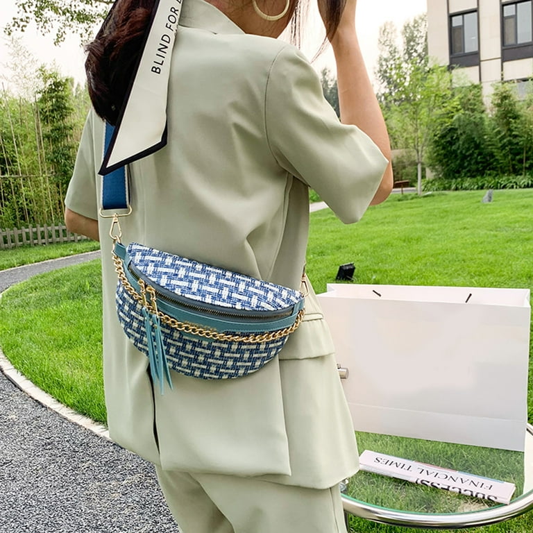 Fashion Hip Bum Bag PU Woolen Weaving Ladies Crossbody Bags Chains Shoulder  Bag Wide Strap for Travel Work for Daily Life