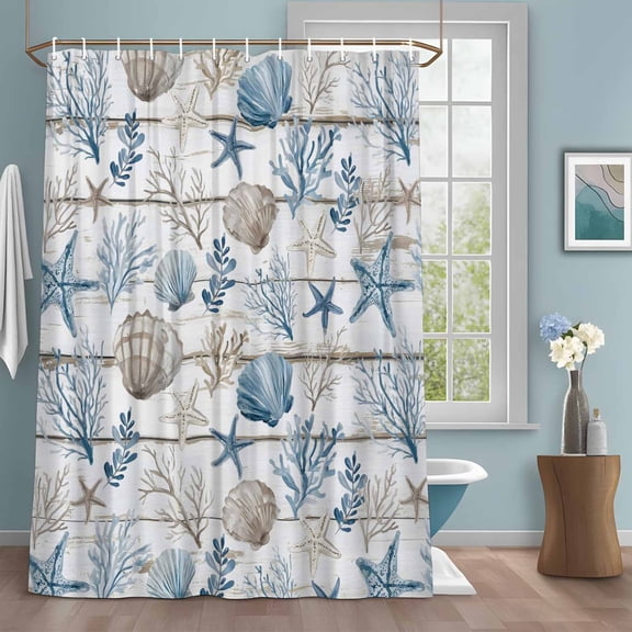 Blue Brown Coastal Shower Curtains for Bathroom, Summer Coral Starfish Shell Wood Grain Washable Fabric Shower Curtain with Hooks Waterproof Bathroom Decor Sets, 54 x 78 Inches