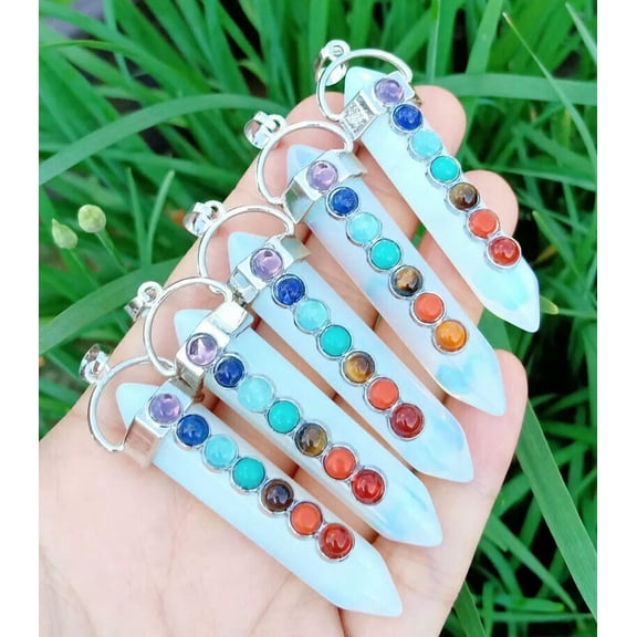 K-KED 5pcs Opal 7 Chakra stone Pendants Hexagon Magic Reiki Healing Amulet