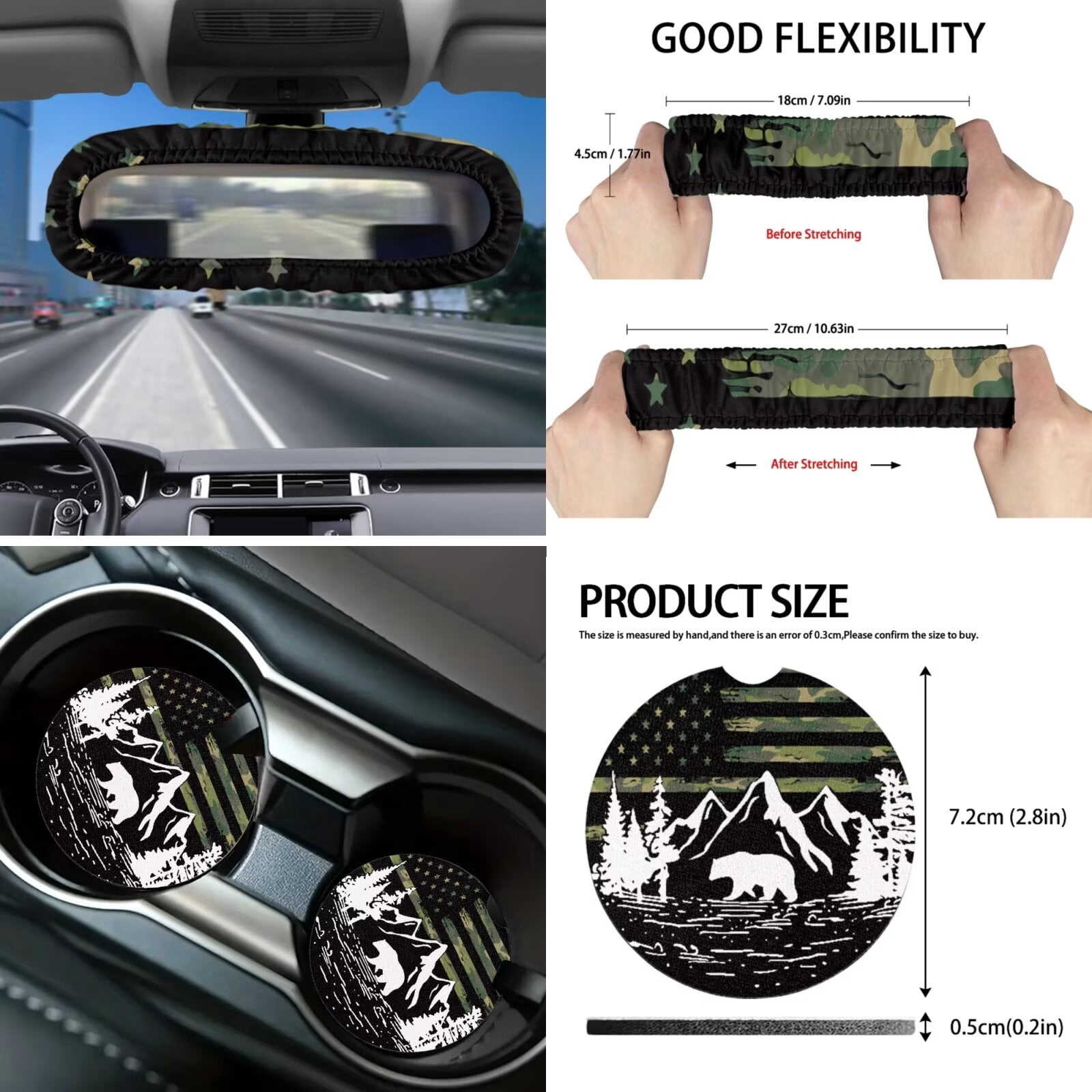 Garronmavis American Flag Bear 16 Pcs Car Accessories Set Car Seat Belt Pads Cover Keychain Hand Brake Cover Cup Mats Front Window Sunshade Auto Rear View Mirror Covers