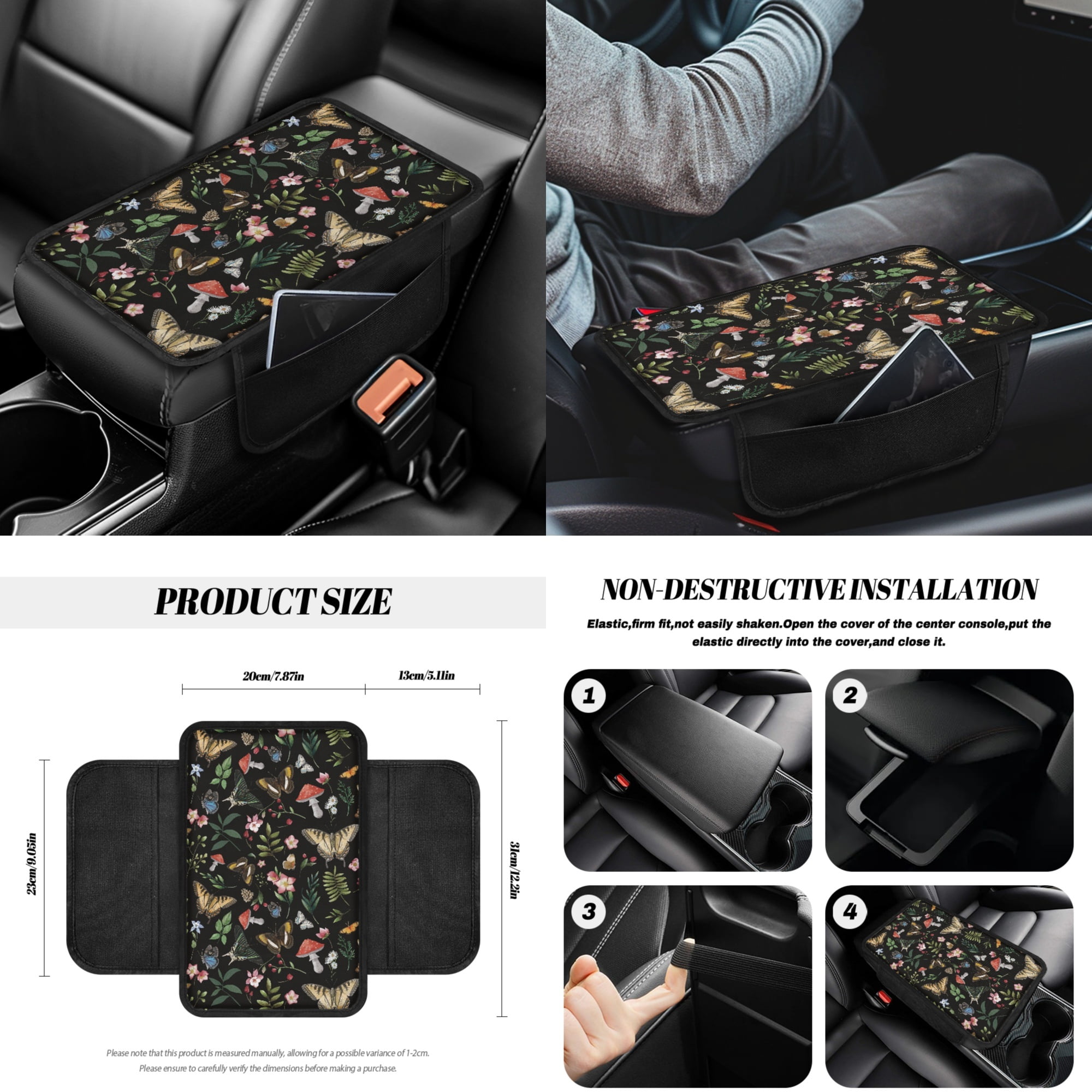Yuyamidu Butterfly Car Seat Cover Protector Mushroom Steering Wheel Cover Seatbelt Pads Auto Armrest Cover Trash Bin Rearview Mirror Cover Handbrake Cover Set Coasters 14pcs Car Accessories Set