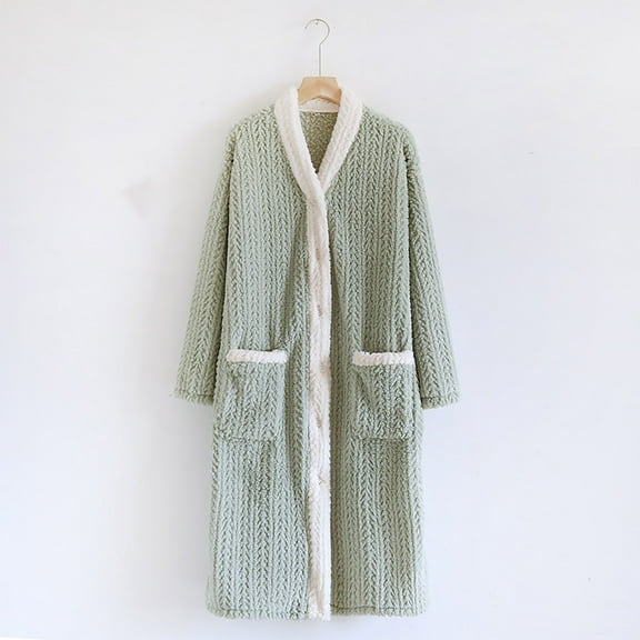 Fanxing Plush Robes for Women Fleece Zip Up Front Bathrobe Fuzzy Sherpa V Neck Texture Robe Button Down Nightgown House Coat with Pockets Green L