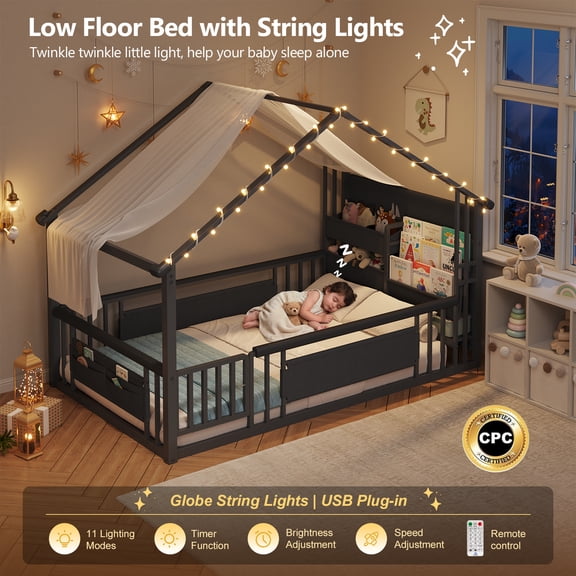 Floor Bed Twin Size House Shaped Floor Bed with Globe String Lights, Storage Bookshelf, Twin Metal Bed Frame with Door and Safety Guardrail and Side Pockets, Montessori Floor Bed for Bedroom, Black
