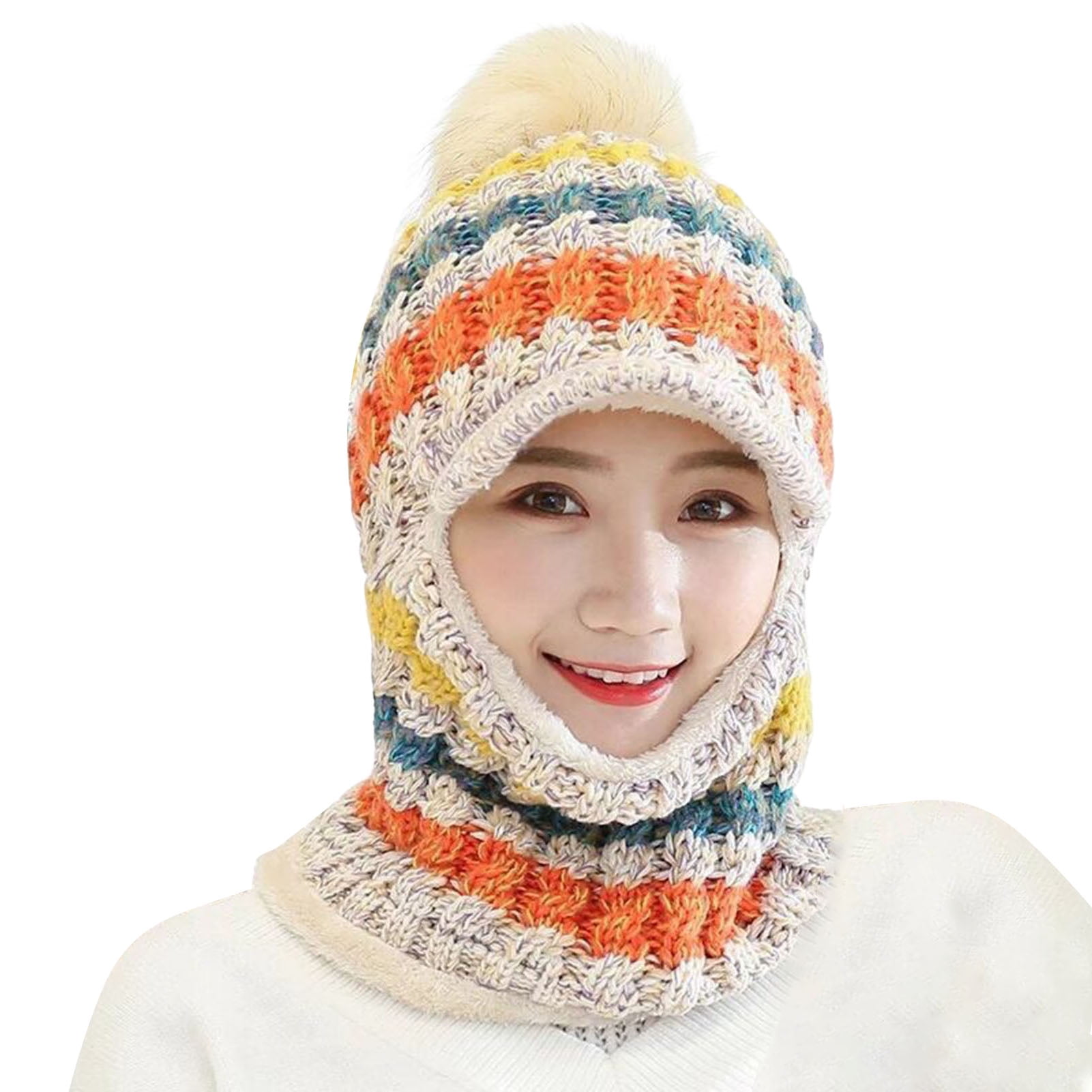 UDIYO Women Hat Colorful Stripe Pompom Decor Peaked Stretchy Integrated Face Neck Protection
