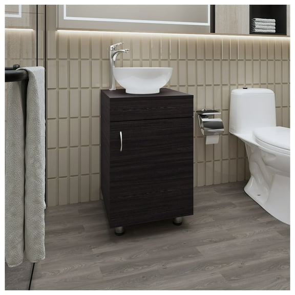 Bathroom Vanity with Sink, Wengee - Compact Modern Vanity for Small Bathrooms - 17.7" Wide - Storage Cabinet & Drawer Wenge   Bathroom   Modern   Melamine   Particle Board