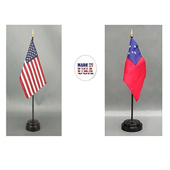 Made in The USA. 1 American and 1 Western Samoa Rayon 4"x6" Miniature Office Desk & Little Hand Waving Table Flag, Includes 2 Flag Stands & 2 Small 4"x6" Mini Stick Flags