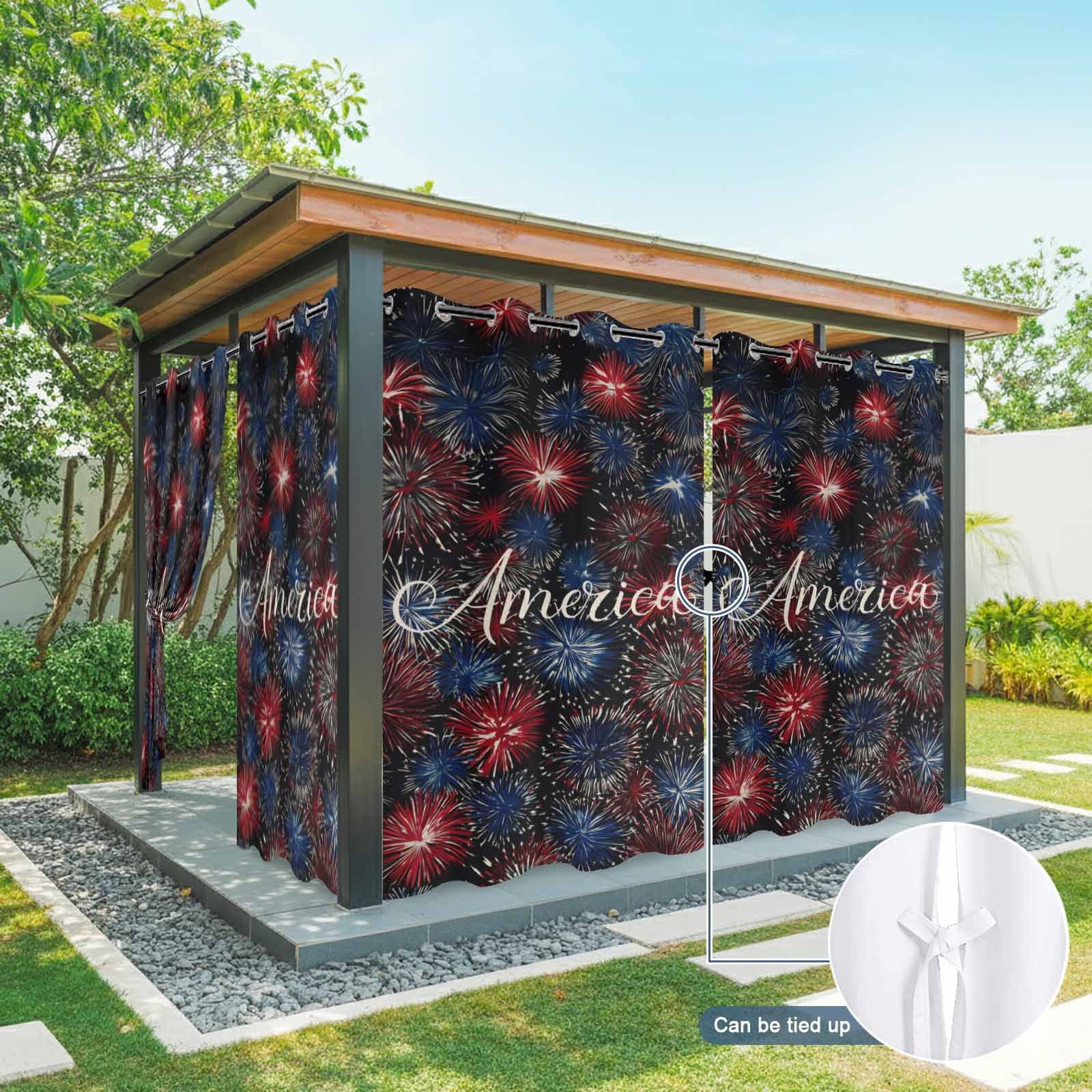 Independence Day Outdoor Curtains for Patio, America Letter Print Fantasy Colorful Firework Sunshade Privacy Drapes Grommet Waterproof Outside Curtains for Porch/Cabana/Balcony 54"x 108", 1 Panel