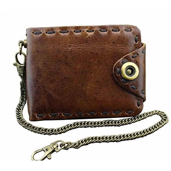 Vintage Biker Leather Bifold Snap Wallet With Chain for Mens or Boys