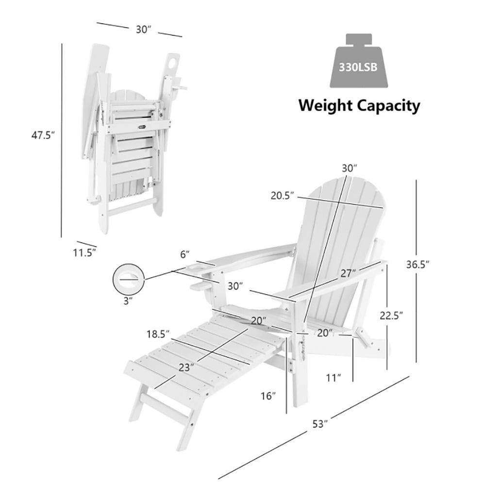 Aimee Lii Patio All-Weather Folding Chair with Pull-Out Ottoman, Outdoor Patio Furniture, White
