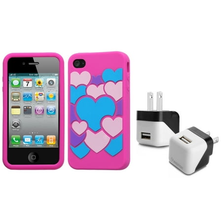 Insten Colorful Love/Hot Pink Pastel Case Cover For iPhone 4 4S + USB Travel Charger (2-in-1 Accessory