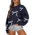 thumbnail image 3 of Women Tops Women's Long Sleeve Sweatshirt Casual Crewneck Loose Fit Pullover Fleece Tops, Bow Print Fall Winter Fashion with Soft Fabric for Comfortable Wear,Navy,M, 3 of 6