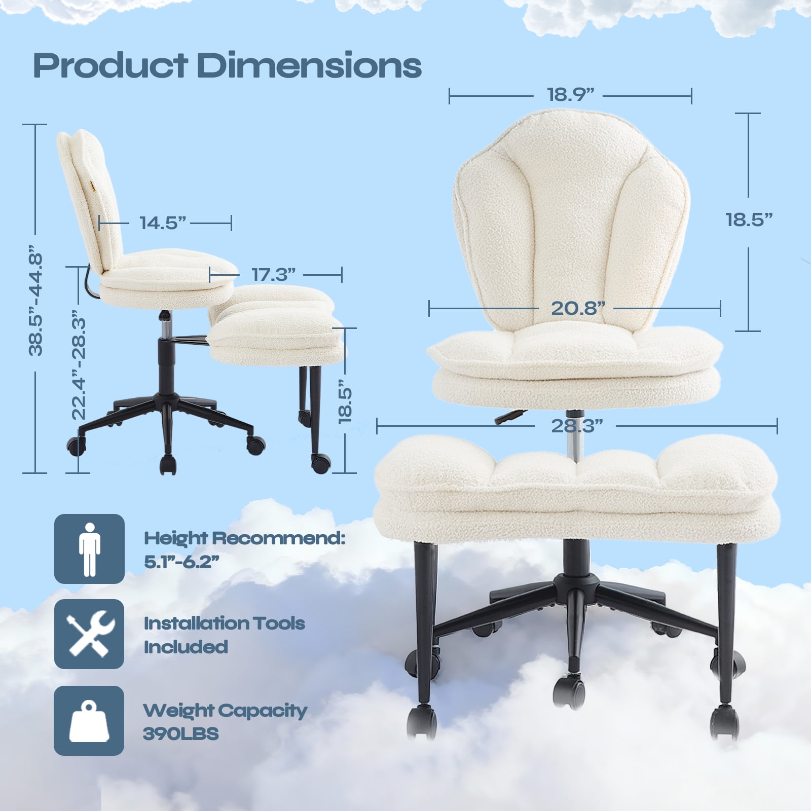 Pinmoco Cross Legged Office Chair, White Boucle Ergonomic Criss Cross Swivel Desk Chair, Heavy Duty Wide Seat for Meditation & ADHD, Armless