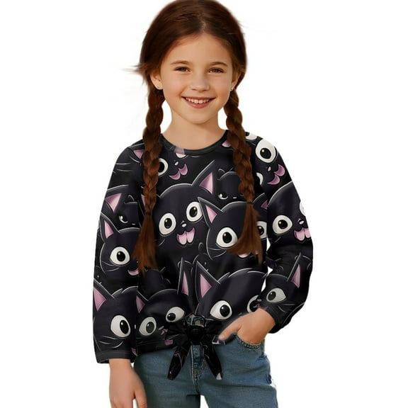 Xixirimido Black Cats Cute Pattern Girls Long Sleeve Shirts Cute Kids Fashion Crew Neck Tunic Tops Tie-hem Tees for Fall Winter, Size 11-12