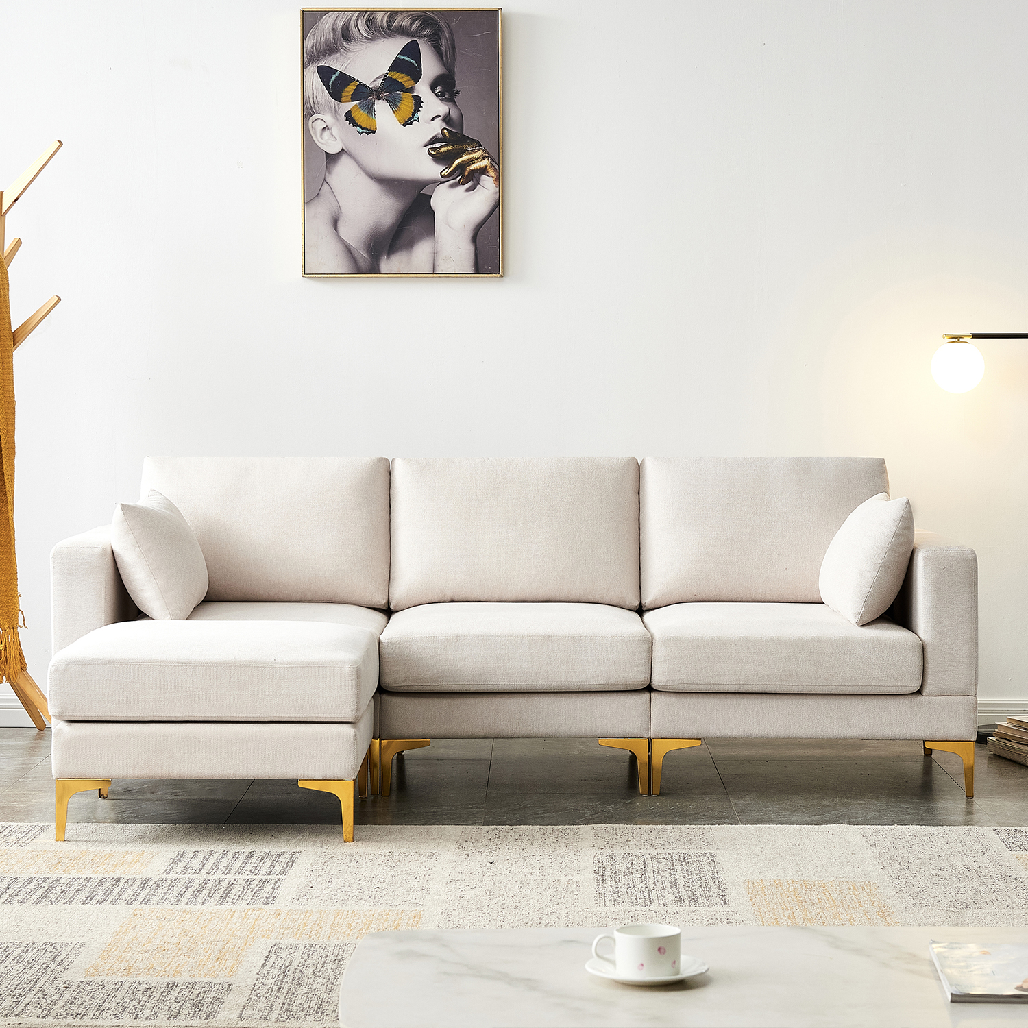 Zechuan L Sectional Couch with Ottoman Chaise, Beige 92 in Wide Corner