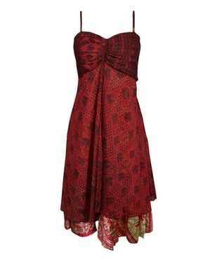 Mogul Women Maroon Vintage Recycled Sari Printed Sundress Layered Spaghetti Strap Beach Summer Dresses S/M