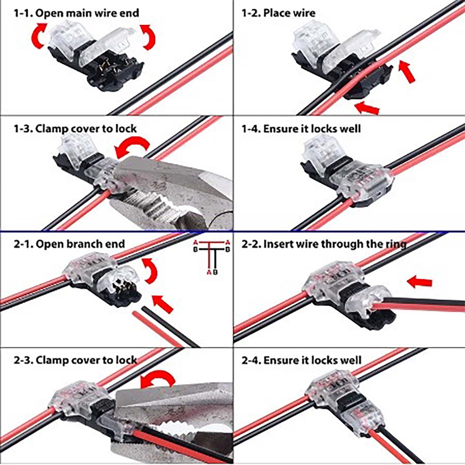 Quanmin 24 Pcs T Pin Wire Connectors, 2 Pin 3 Way Low Voltage Cable Splice, Universal for 20-24AWG Electrical Wiring Quick Connection