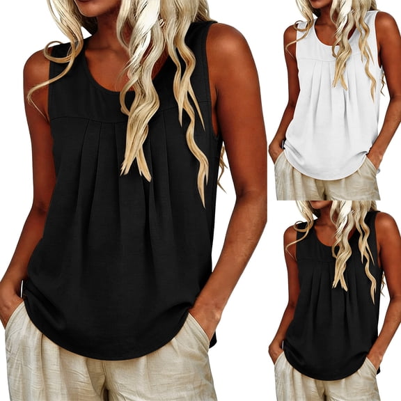 Rvasteizo Shirts for Women Summer Sleeveless Round Neck Casual Loose Solid Light Breathable Ladies Daily Relaxed Pullover Blouse Top