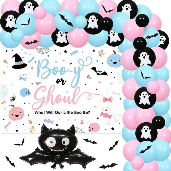 Halloween Gender Reveal Decorations, Boo-y or Ghoul Gender Reveal Backdrop Balloon Garland Arch Kit Bat Stickers for Halloween Spooky Ghost Pumpkin Baby Shower Little Boo Party Supplies