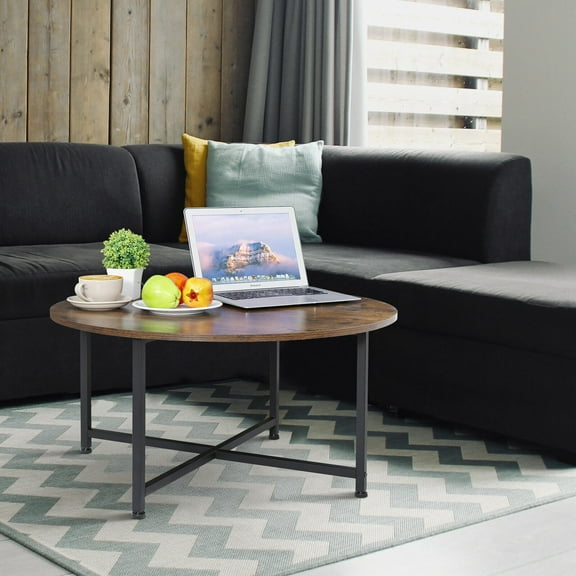 YKITRD Round Wood Coffee Table, Brown Rustic Style Tea Table, Black X-Shaped Metal Frame Storage Table, 132LBS Load-Bearing Easy-Clean Living Room Table